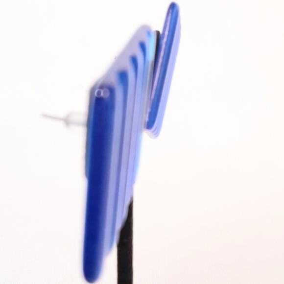 Corrugated Lucite Square Earrings Electric Blue Studs Pierced - Picture 5 of 9
